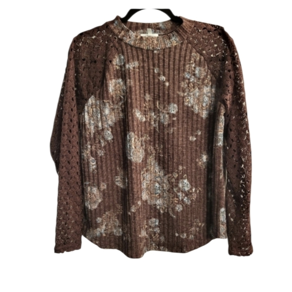 Maurices Floral Mock Neck Crochet Sleeves Blouse, Size XL